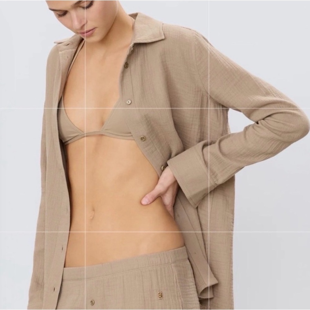ÉTERNE Gauze Button-Up Top – Taupe – Size Small – New With Tags